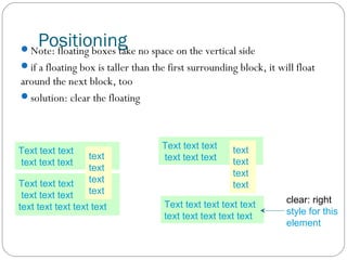 Positioning

Note: floating boxes take no space on the vertical side
if a floating box is taller than the first surrounding block, it will float

around the next block, too
solution: clear the floating

Text text text
text text text

text
text
text
text

Text text text
text text text
text text text text text

Text text text
text text text

text
text
text
text

Text text text text text
text text text text text

clear: right
style for this
element

 