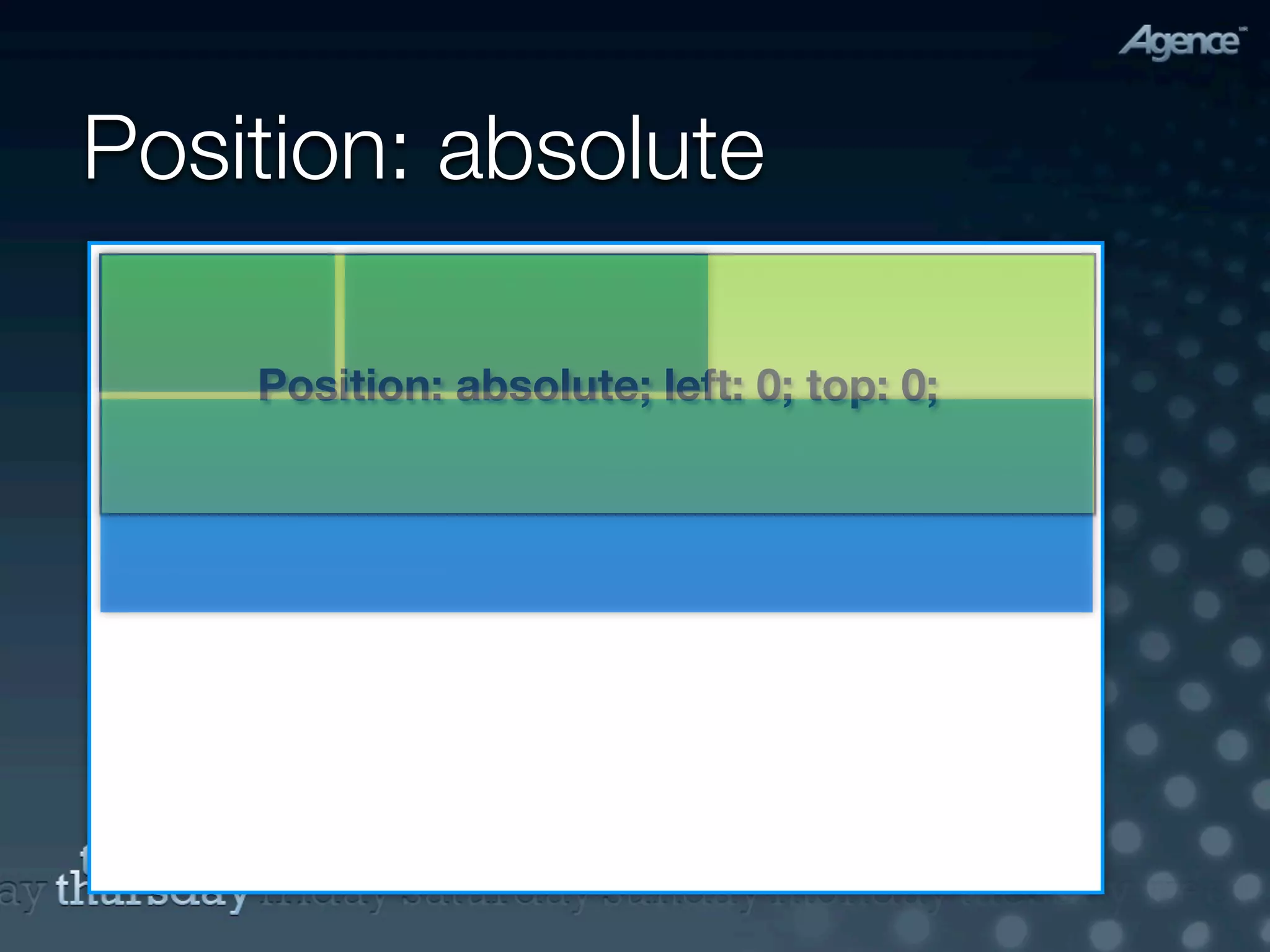 Position: absolute

    Position: absolute; left: 0; top: 0;
 
