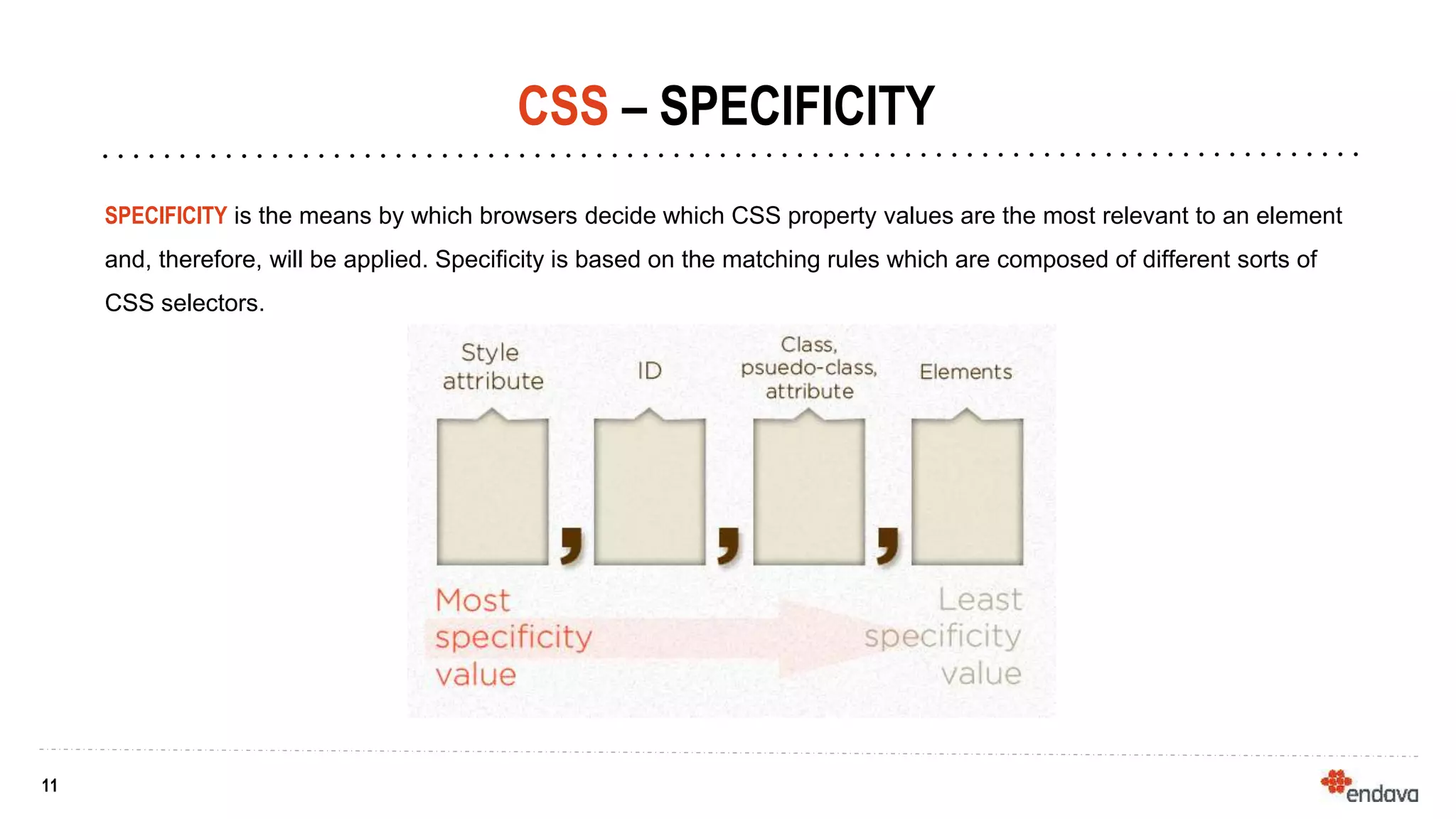 11
11
CSS – SPECIFICITY
SPECIFICITY is the means by which browsers decide which CSS property values are the most relevant to an element
and, therefore, will be applied. Specificity is based on the matching rules which are composed of different sorts of
CSS selectors.
 