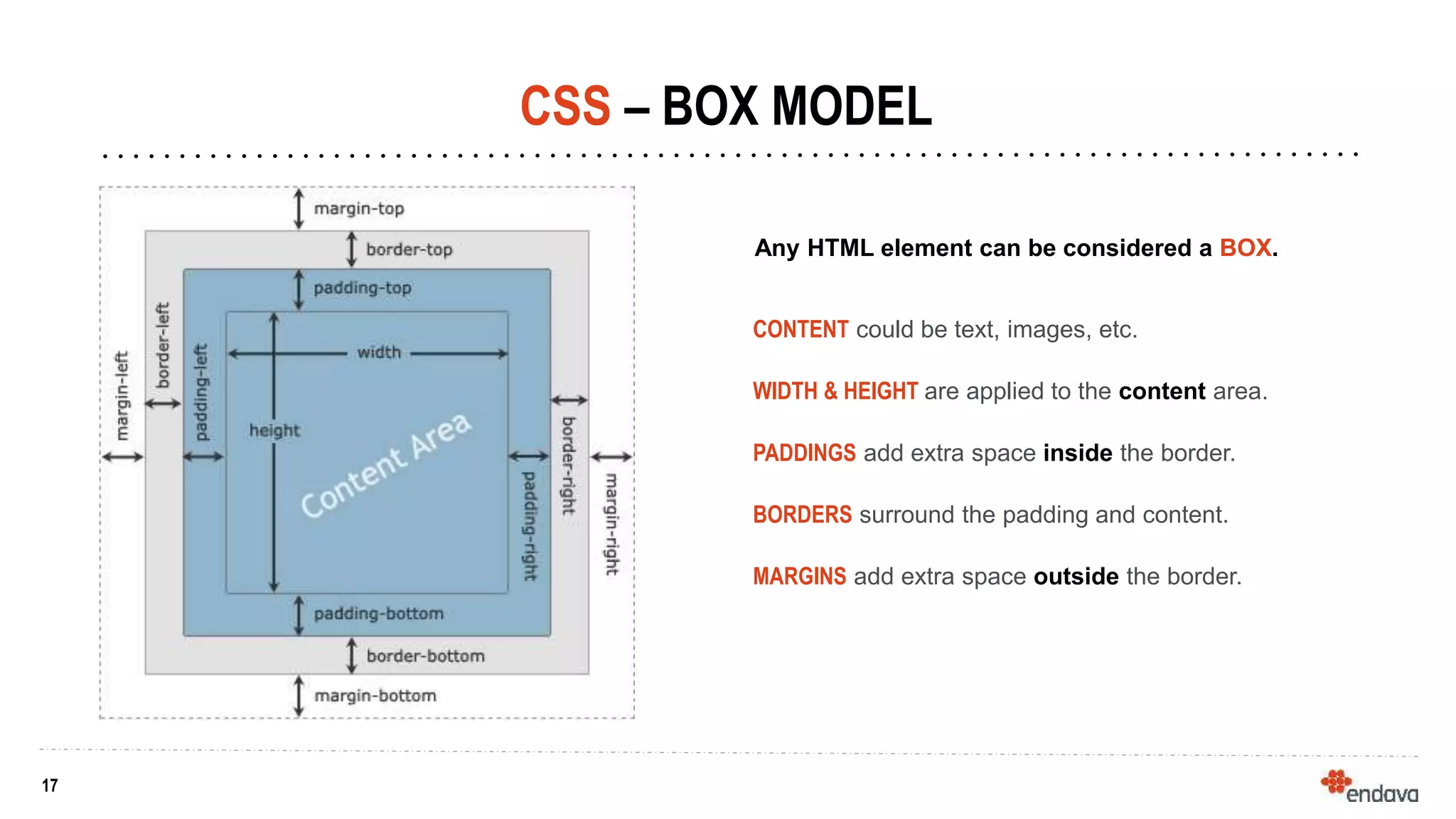 17
17
CSS – BOX MODEL
Any HTML element can be considered a BOX.
CONTENT could be text, images, etc.
WIDTH & HEIGHT are applied to the content area.
PADDINGS add extra space inside the border.
BORDERS surround the padding and content.
MARGINS add extra space outside the border.
 