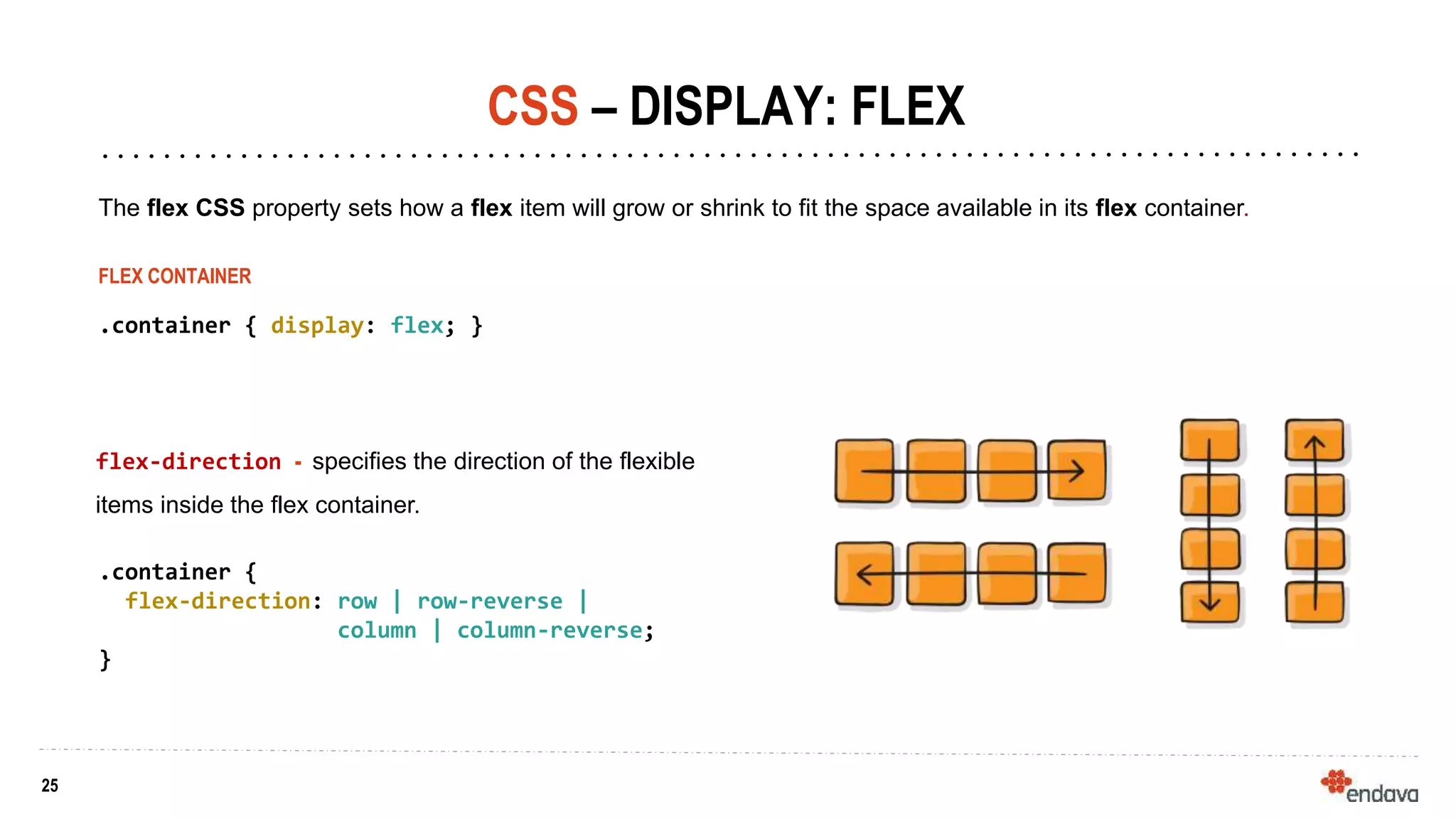 25
25
CSS – DISPLAY: FLEX
The flex CSS property sets how a flex item will grow or shrink to fit the space available in its flex container.
flex-direction - specifies the direction of the flexible
items inside the flex container.
FLEX CONTAINER
.container { display: flex; }
.container {
flex-direction: row | row-reverse |
column | column-reverse;
}
 