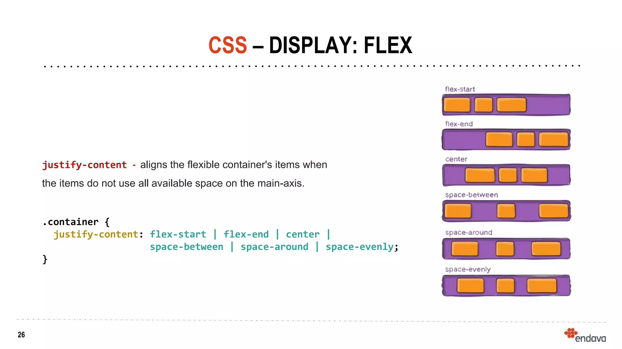 26
26
CSS – DISPLAY: FLEX
justify-content - aligns the flexible container's items when
the items do not use all available space on the main-axis.
.container {
justify-content: flex-start | flex-end | center |
space-between | space-around | space-evenly;
}
 