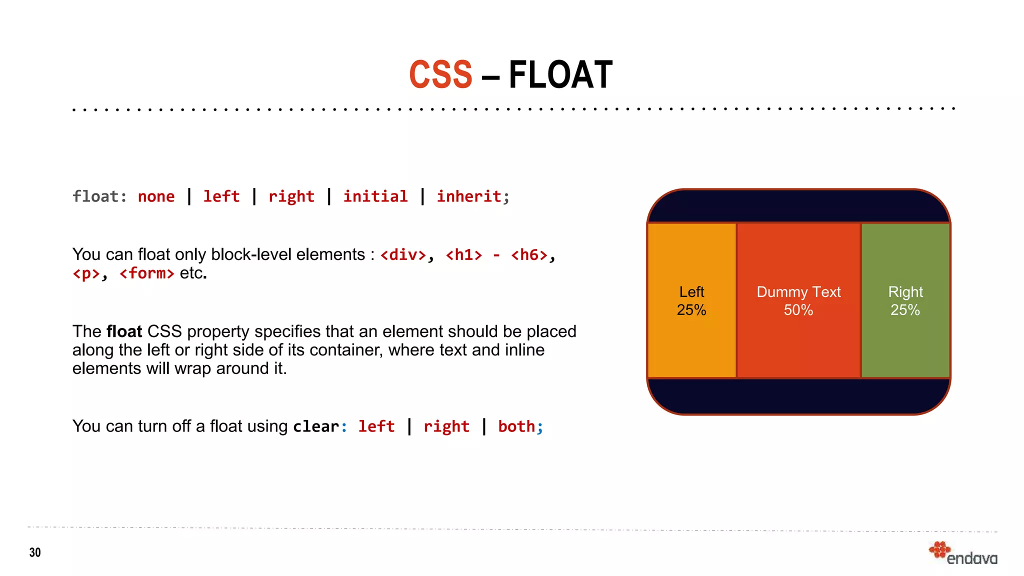 30
30
CSS – FLOAT
float: none | left | right | initial | inherit;
You can float only block-level elements : <div>, <h1> - <h6>,
<p>, <form> etc.
The float CSS property specifies that an element should be placed
along the left or right side of its container, where text and inline
elements will wrap around it.
You can turn off a float using clear: left | right | both;
Left
25%
Right
25%
Dummy Text
50%
 