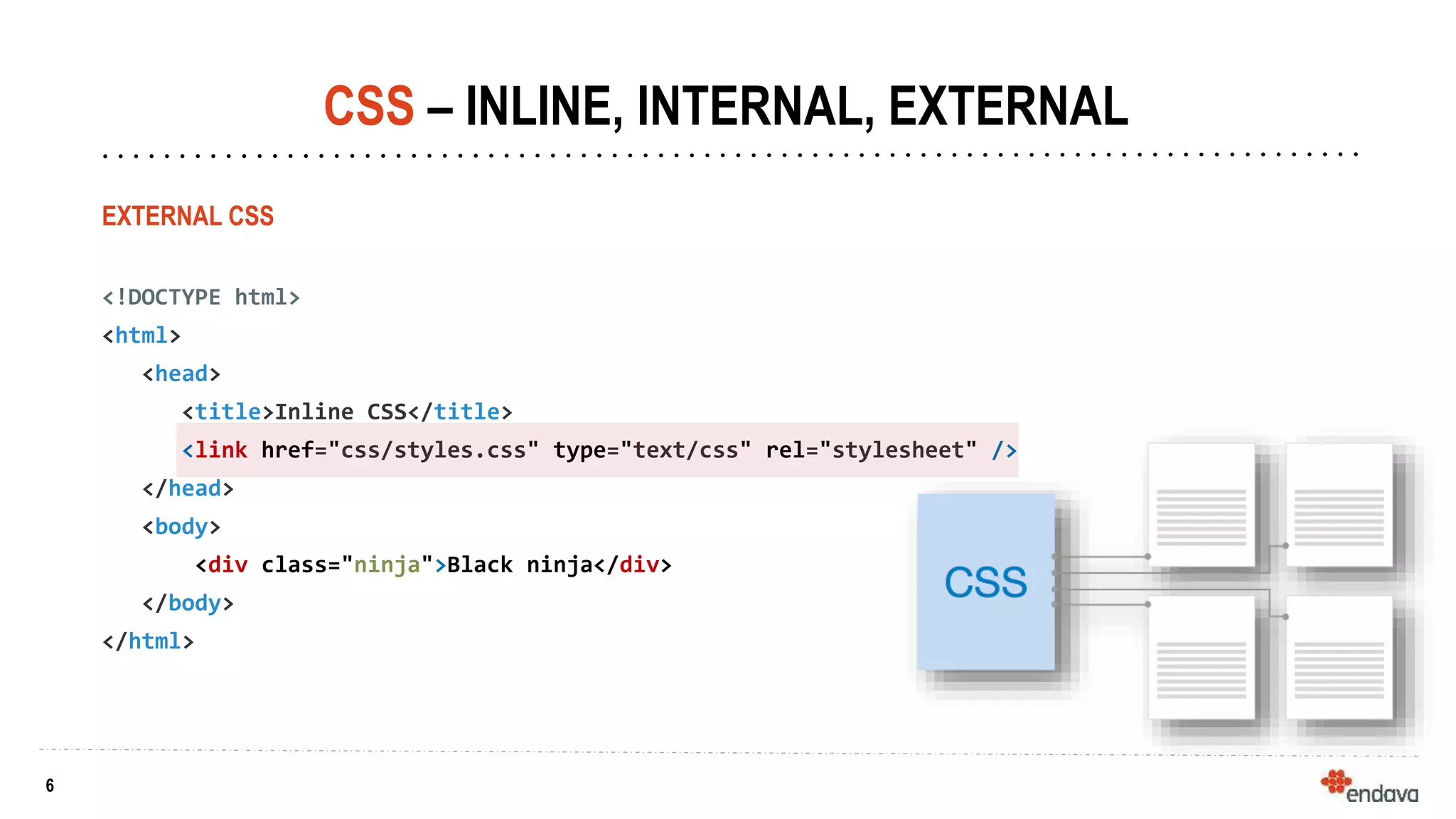 6
6
CSS – INLINE, INTERNAL, EXTERNAL
EXTERNAL CSS
<!DOCTYPE html>
<html>
<head>
<title>Inline CSS</title>
<link href="css/styles.css" type="text/css" rel="stylesheet" />
</head>
<body>
<div class="ninja">Black ninja</div>
</body>
</html>
 