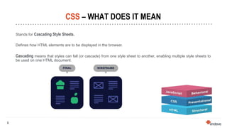 3
3
CSS – WHAT DOES IT MEAN
Stands for Cascading Style Sheets.
Defines how HTML elements are to be displayed in the browser.
Cascading means that styles can fall (or cascade) from one style sheet to another, enabling multiple style sheets to
be used on one HTML document.
 