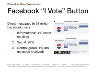 Facebook “I Vote” Button
Direct messages to 61 million
Facebook users

1. Informational: 1% users
received

2. Social: 98%

3. Control group: 1% (no
message received)
Virtual Lab-Style Experiments
Bond, R. M., Fariss, C. J., Jones, J. J., Kramer, A. D. I., Marlow, C., Settle, J. E., & Fowler, J. H. (2012). A 61-million-person
experiment in social influence and political mobilization. Nature, 489(7415), 295–298. https://doi.org/10.1038/nature11421
 