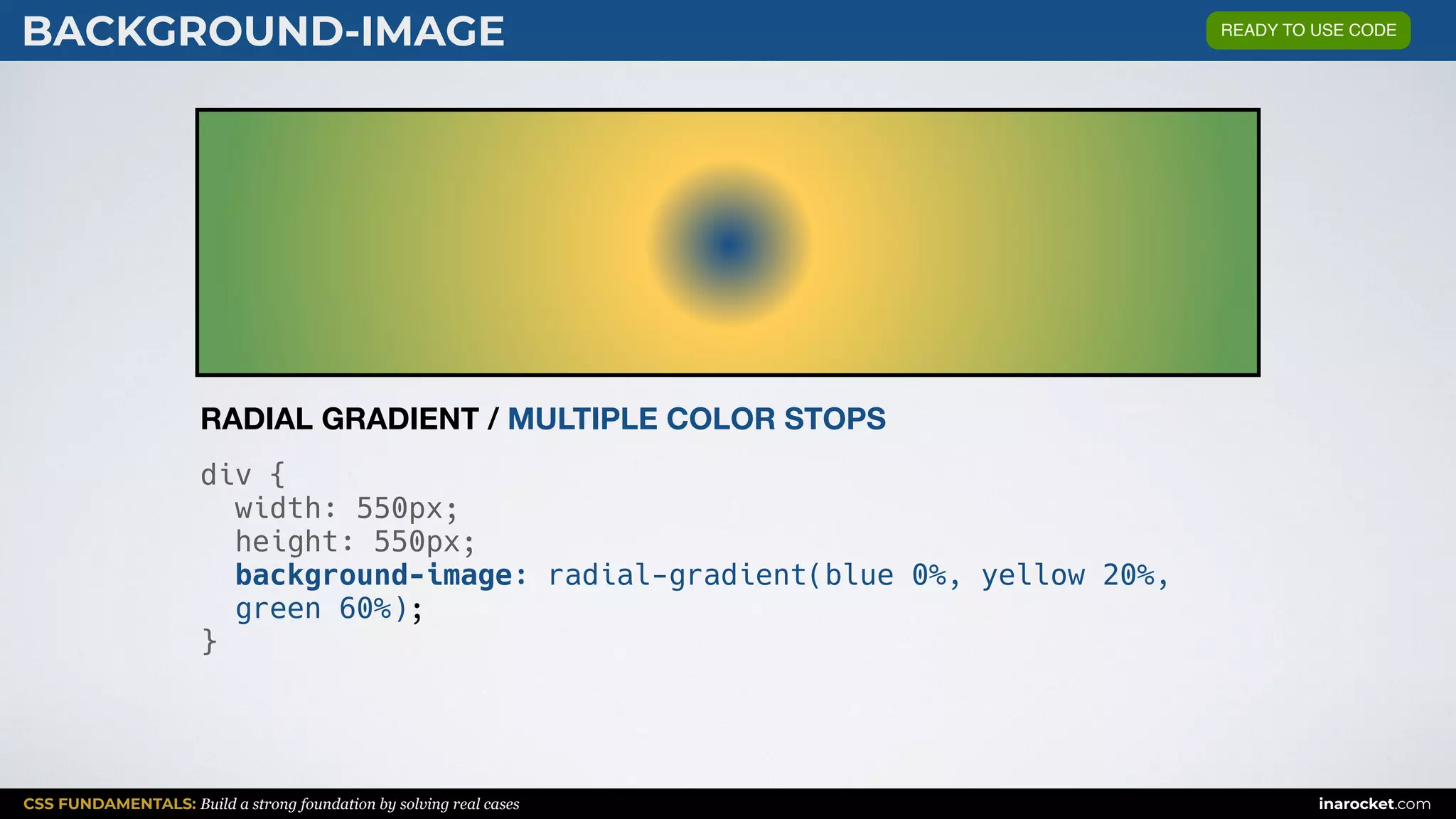 CSS FUNDAMENTALS: Build a strong foundation by solving real cases inarocket.com
BACKGROUND-IMAGE
div {
width: 550px;
height: 550px;
background-image: radial-gradient(blue 0%, yellow 20%,
green 60%);
}
RADIAL GRADIENT / MULTIPLE COLOR STOPS
READY TO USE CODE
 