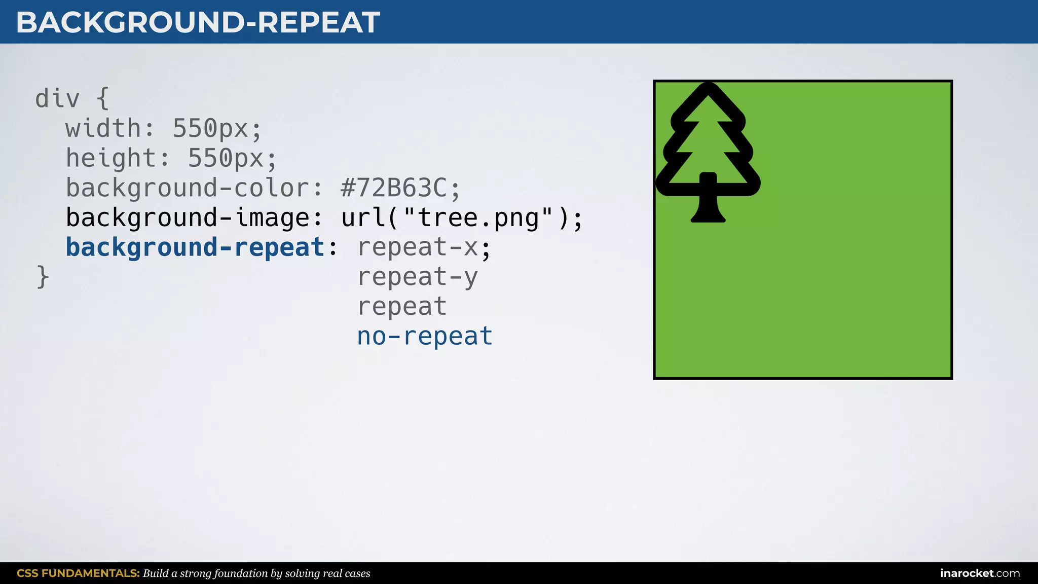 CSS FUNDAMENTALS: Build a strong foundation by solving real cases inarocket.com
BACKGROUND-REPEAT
div {
width: 550px;
height: 550px;
background-color: #72B63C;
background-image: url("tree.png");
background-repeat: ;
}
repeat-x
repeat-y
repeat
no-repeat
 
