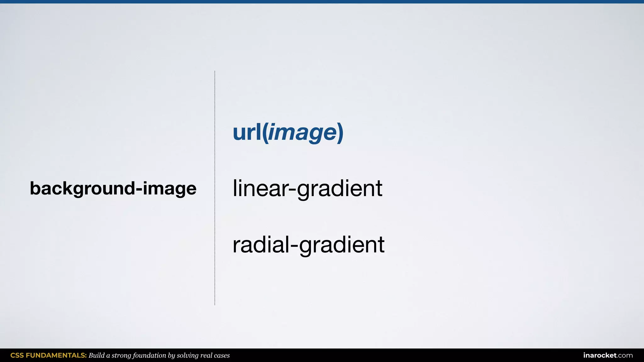 CSS FUNDAMENTALS: Build a strong foundation by solving real cases inarocket.com
background-image
url(image)
linear-gradient

radial-gradient
 