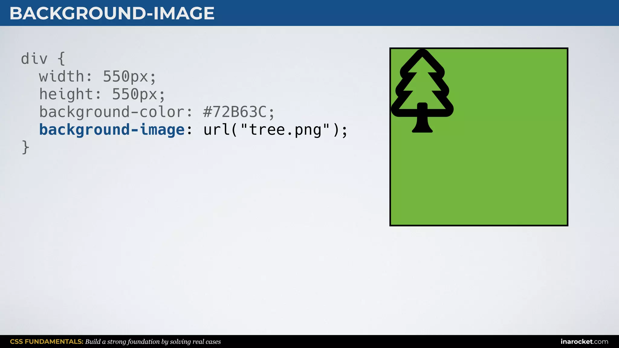 CSS FUNDAMENTALS: Build a strong foundation by solving real cases inarocket.com
BACKGROUND-IMAGE
div {
width: 550px;
height: 550px;
background-color: #72B63C;
background-image: url("tree.png");
}
 