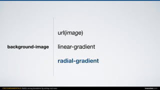 CSS FUNDAMENTALS: Build a strong foundation by solving real cases inarocket.com
background-image
url(image)

linear-gradient

radial-gradient
 