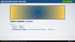 CSS FUNDAMENTALS: Build a strong foundation by solving real cases inarocket.com
BACKGROUND-IMAGE
div {
width: 550px;
height: 550px;
background-image: radial-gradient(blue, yellow);
}
RADIAL GRADIENT / NORMAL
READY TO USE CODE
 
