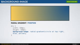 CSS FUNDAMENTALS: Build a strong foundation by solving real cases inarocket.com
BACKGROUND-IMAGE
div {
width: 550px;
height: 550px;
background-image: radial-gradient(circle at top right,
blue, yellow);
}
RADIAL GRADIENT / POSITION
READY TO USE CODE
 