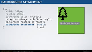 CSS FUNDAMENTALS: Build a strong foundation by solving real cases inarocket.com
BACKGROUND-ATTACHMENT
div {
width: 550px;
height: 550px;
background-color: #72B63C;
background-image: url("tree.png");
background-repeat: no-repeat;
background-attachment: ;
}
scroll
fixed
Scrolls with the page.
 
