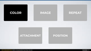 CSS FUNDAMENTALS: Build a strong foundation by solving real cases inarocket.com
IMAGE REPEATCOLOR
POSITIONATTACHMENT
 