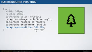 CSS FUNDAMENTALS: Build a strong foundation by solving real cases inarocket.com
BACKGROUND-POSITION
div {
width: 550px;
height: 550px;
background-color: #72B63C;
background-image: url("tree.png");
background-repeat: no-repeat;
background-attachment: scroll;
background-position: 50% 50%;
}
X Y
 