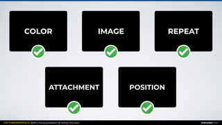 CSS FUNDAMENTALS: Build a strong foundation by solving real cases inarocket.com
IMAGE REPEATCOLOR
POSITIONATTACHMENT
 