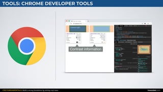 CSS FUNDAMENTALS: Build a strong foundation by solving real cases inarocket.com
TOOLS: CHROME DEVELOPER TOOLS
Contrast information
 