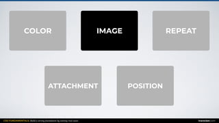 CSS FUNDAMENTALS: Build a strong foundation by solving real cases inarocket.com
IMAGE REPEATCOLOR
POSITIONATTACHMENT
 