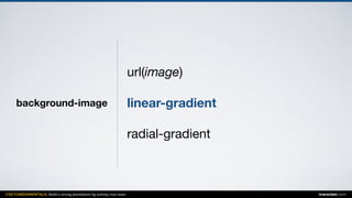 CSS FUNDAMENTALS: Build a strong foundation by solving real cases inarocket.com
background-image
url(image)

linear-gradient
radial-gradient
 