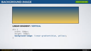 CSS FUNDAMENTALS: Build a strong foundation by solving real cases inarocket.com
BACKGROUND-IMAGE
div {
width: 550px;
height: 550px;
background-image: linear-gradient(blue, yellow);
}
LINEAR GRADIENT / VERTICAL
READY TO USE CODE
 