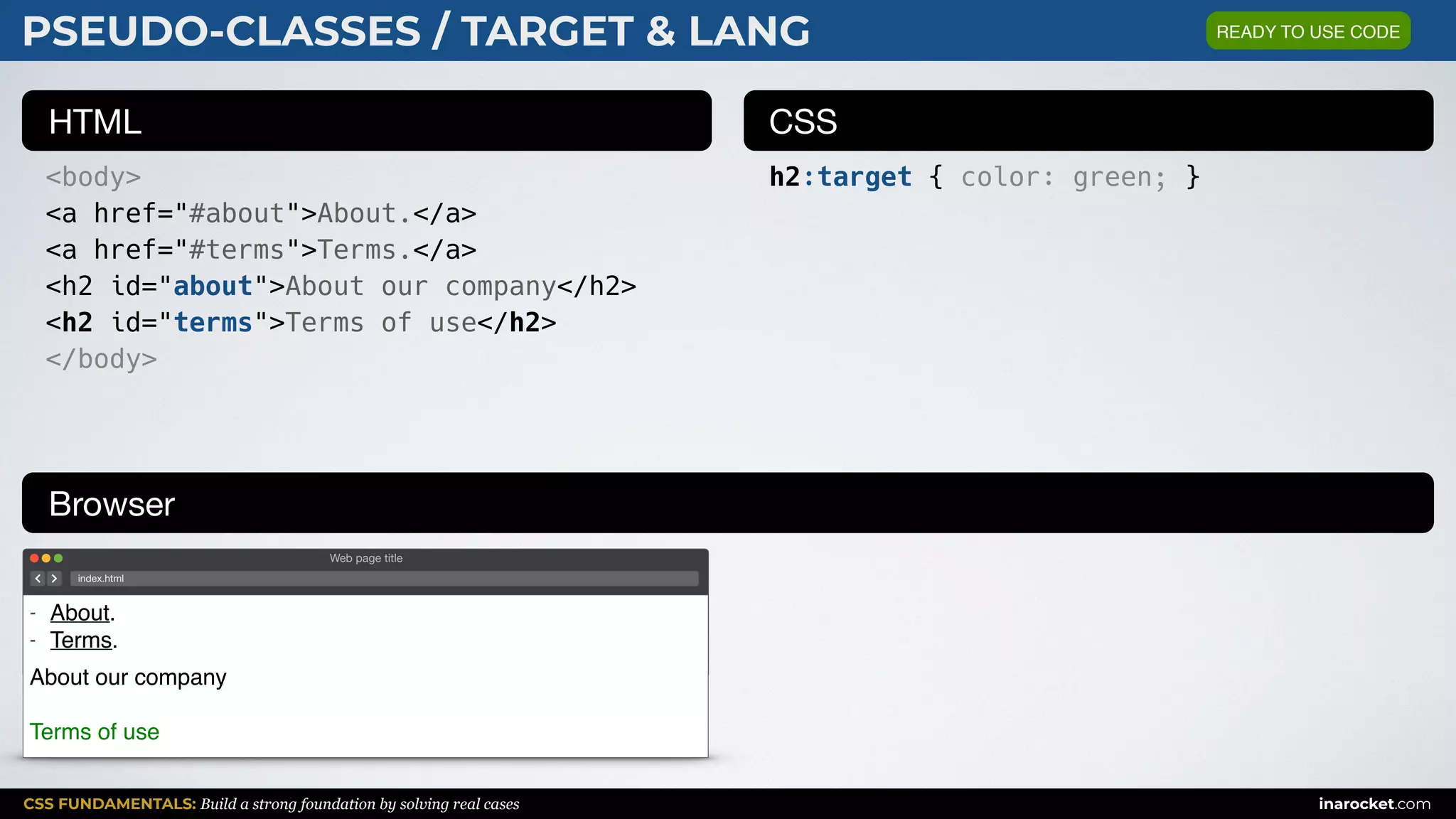 CSS FUNDAMENTALS: Build a strong foundation by solving real cases inarocket.com
HTML CSS
Browser
PSEUDO-CLASSES / TARGET & LANG
<body>
<a href="#about">About.</a>
<a href="#terms">Terms.</a>
<h2 id="about">About our company</h2>
<h2 id="terms">Terms of use</h2>
</body>
h2:target { color: green; }
Web page title
index.html
- About.
- Terms.
About our company
Terms of use
READY TO USE CODE
 