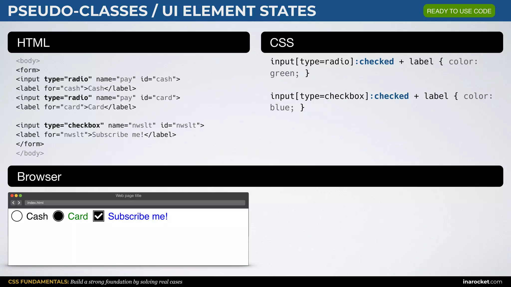CSS FUNDAMENTALS: Build a strong foundation by solving real cases inarocket.com
HTML CSS
Browser
PSEUDO-CLASSES / UI ELEMENT STATES
<body>
<form>
<input type="radio" name="pay" id="cash">
<label for="cash">Cash</label>
<input type="radio" name="pay" id="card">
<label for="card">Card</label>
<input type="checkbox" name="nwslt" id="nwslt">
<label for="nwslt">Subscribe me!</label>
</form>
</body>
input[type=radio]:checked + label { color:
green; }
input[type=checkbox]:checked + label { color:
blue; }
Web page title
index.html
Cash Card Subscribe me!
READY TO USE CODE
 