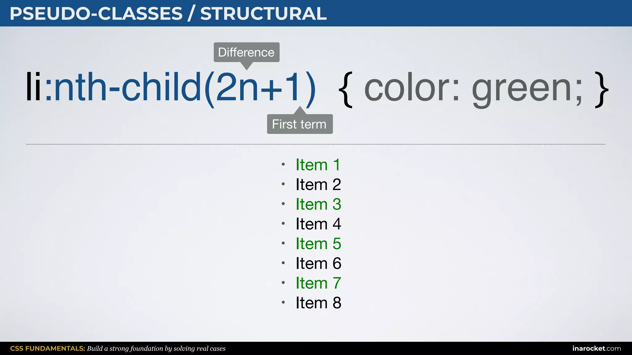 CSS FUNDAMENTALS: Build a strong foundation by solving real cases inarocket.com
PSEUDO-CLASSES / STRUCTURAL
li:nth-child(2n+1) { color: green; }
• Item 1

• Item 2

• Item 3

• Item 4

• Item 5

• Item 6

• Item 7

• Item 8
First term
Diﬀerence
 