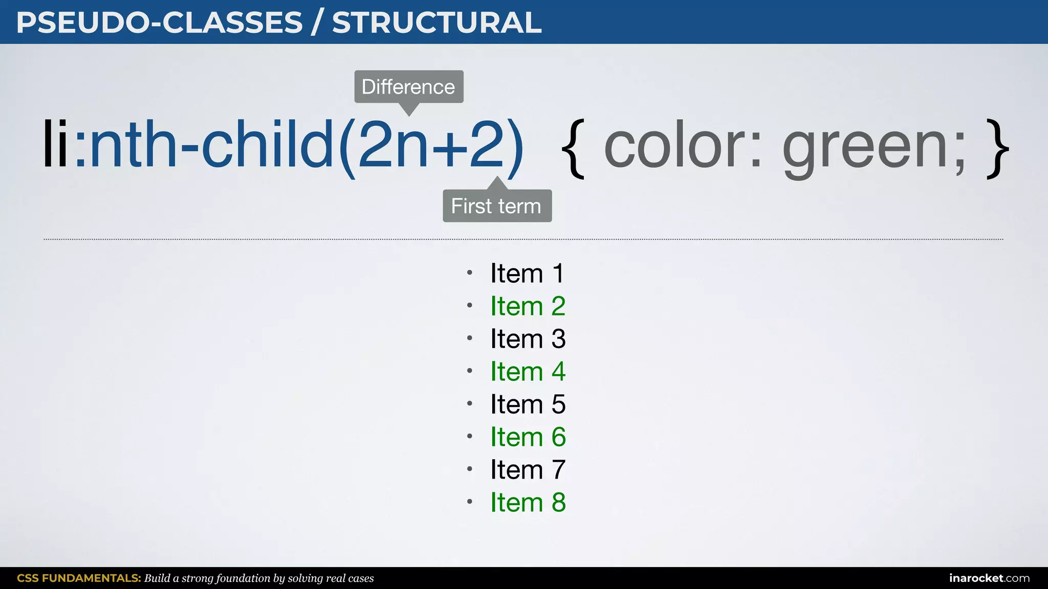 CSS FUNDAMENTALS: Build a strong foundation by solving real cases inarocket.com
PSEUDO-CLASSES / STRUCTURAL
li:nth-child(2n+2) { color: green; }
• Item 1

• Item 2

• Item 3

• Item 4

• Item 5

• Item 6

• Item 7

• Item 8
First term
Diﬀerence
 
