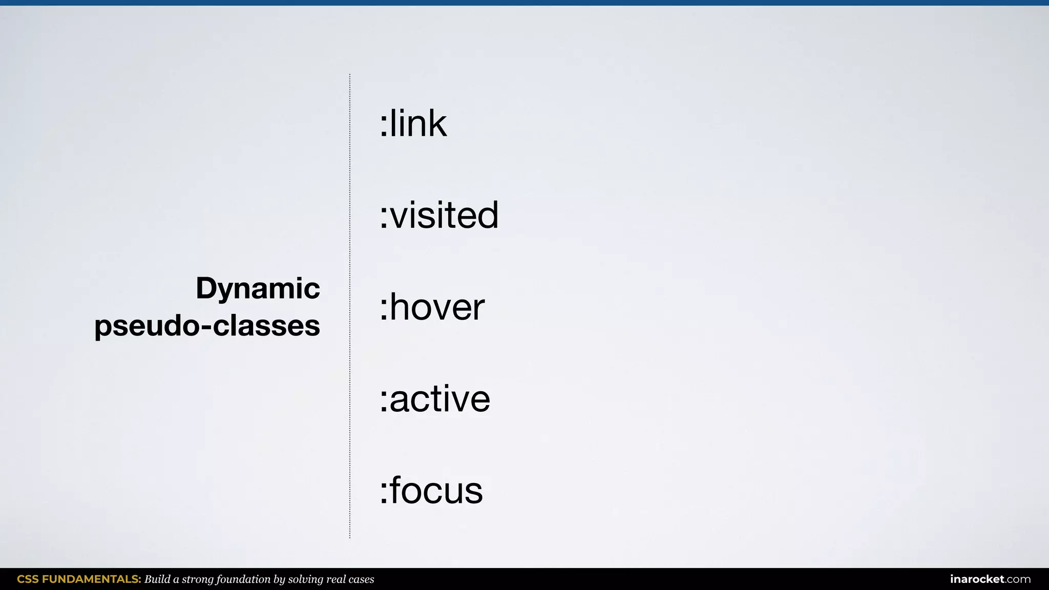 CSS FUNDAMENTALS: Build a strong foundation by solving real cases inarocket.com
Dynamic  
pseudo-classes
:link

:visited

:hover

:active

:focus
 