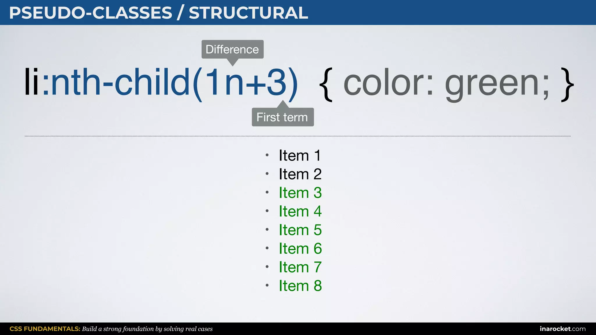 CSS FUNDAMENTALS: Build a strong foundation by solving real cases inarocket.com
PSEUDO-CLASSES / STRUCTURAL
li:nth-child(1n+3) { color: green; }
• Item 1

• Item 2

• Item 3

• Item 4

• Item 5

• Item 6

• Item 7

• Item 8
First term
Diﬀerence
 