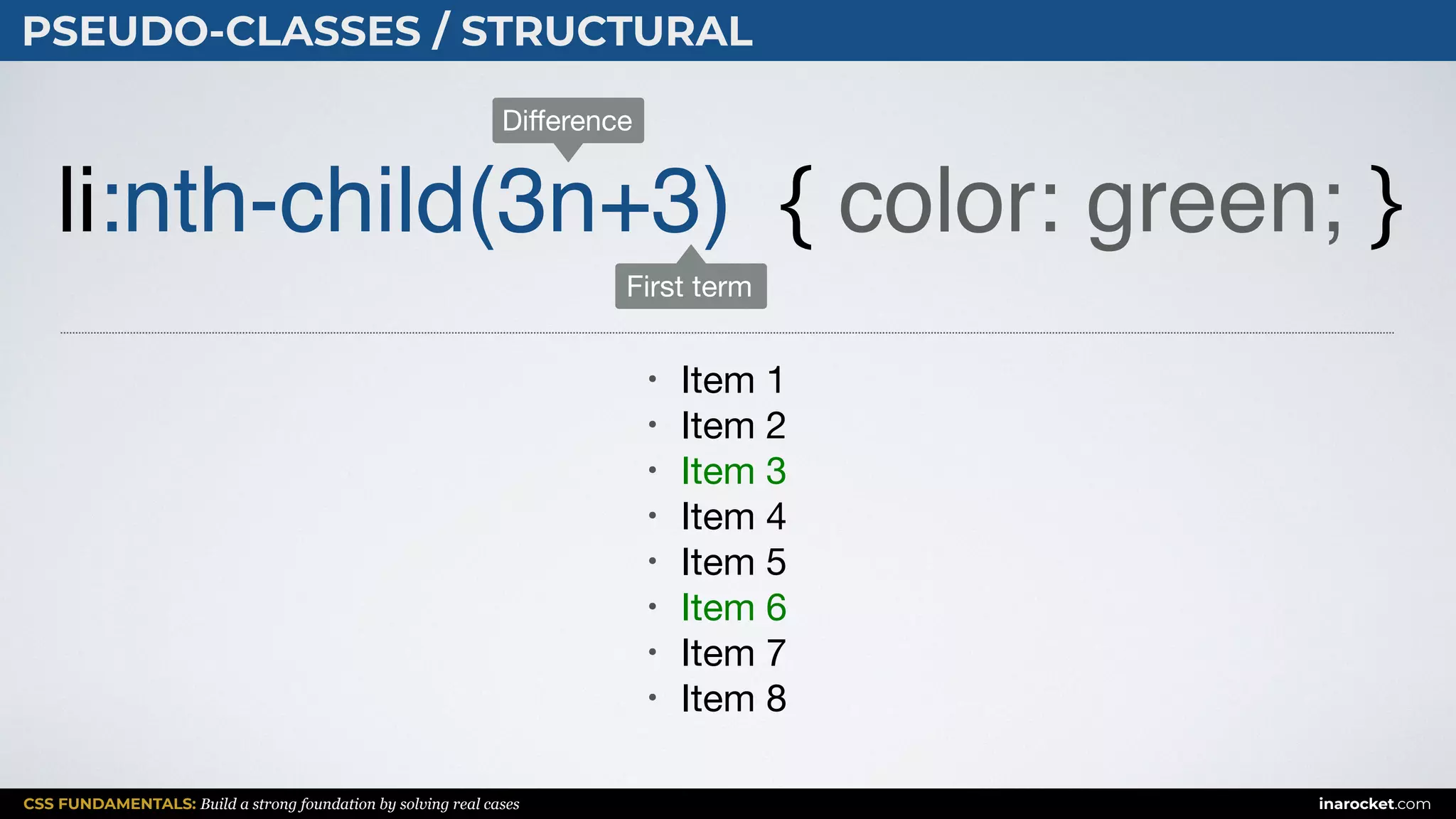 CSS FUNDAMENTALS: Build a strong foundation by solving real cases inarocket.com
PSEUDO-CLASSES / STRUCTURAL
li:nth-child(3n+3) { color: green; }
• Item 1

• Item 2

• Item 3

• Item 4

• Item 5

• Item 6

• Item 7

• Item 8
First term
Diﬀerence
 