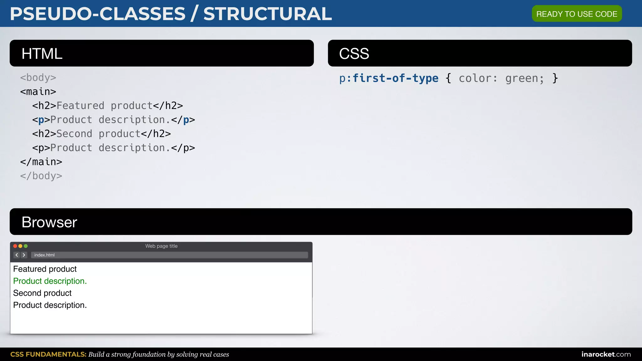 CSS FUNDAMENTALS: Build a strong foundation by solving real cases inarocket.com
HTML CSS
Browser
PSEUDO-CLASSES / STRUCTURAL
<body>
<main>
<h2>Featured product</h2>
<p>Product description.</p>
<h2>Second product</h2>
<p>Product description.</p>
</main>
</body>
p:first-of-type { color: green; }
Web page title
index.html
Featured product
Product description.
Second product
Product description.
READY TO USE CODE
 