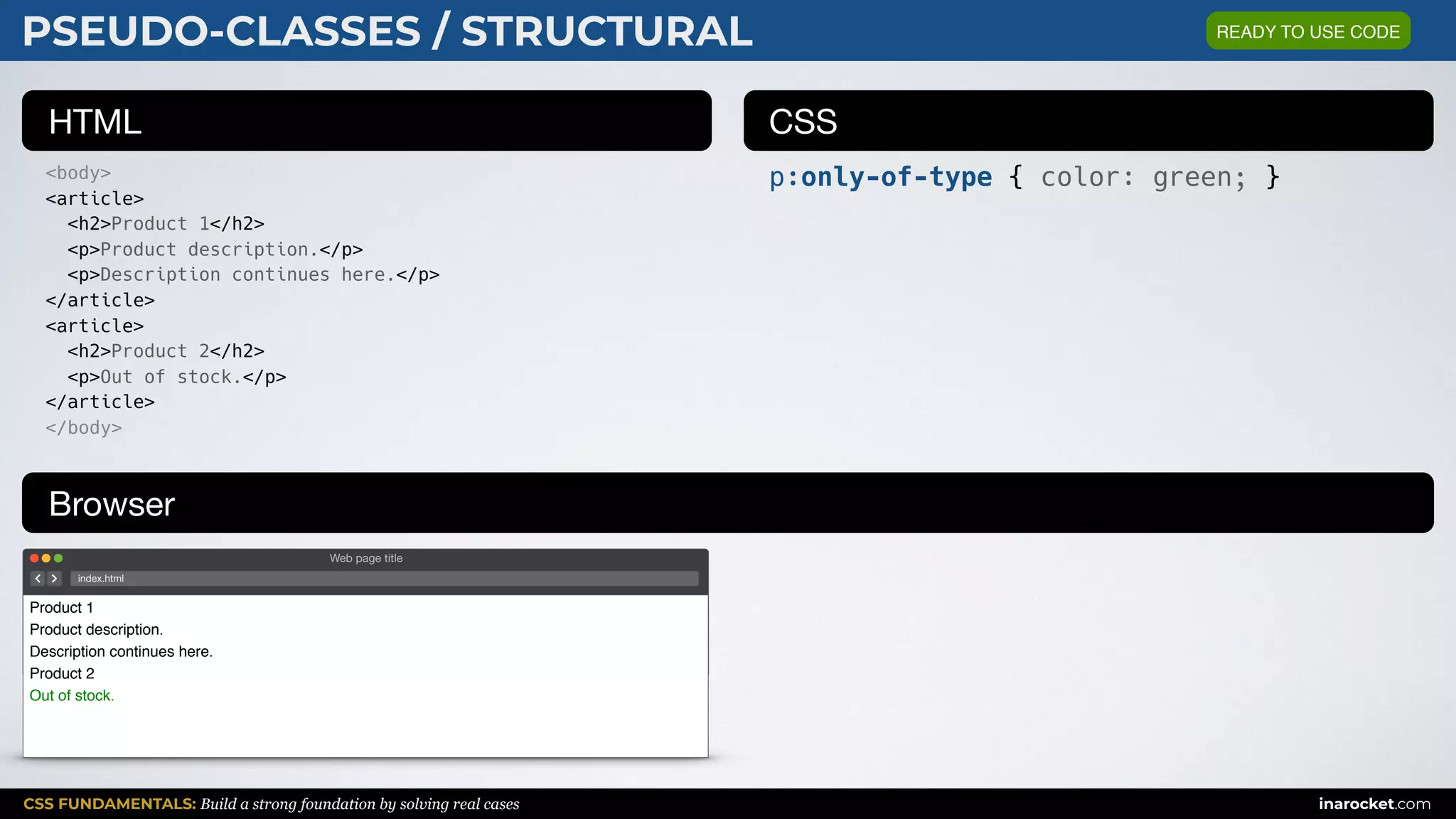 CSS FUNDAMENTALS: Build a strong foundation by solving real cases inarocket.com
HTML CSS
Browser
PSEUDO-CLASSES / STRUCTURAL
<body>
<article>
<h2>Product 1</h2>
<p>Product description.</p>
<p>Description continues here.</p>
</article>
<article>
<h2>Product 2</h2>
<p>Out of stock.</p>
</article>
</body>
p:only-of-type { color: green; }
Web page title
index.html
Product 1
Product description.
Description continues here.
Product 2
Out of stock.
READY TO USE CODE
 