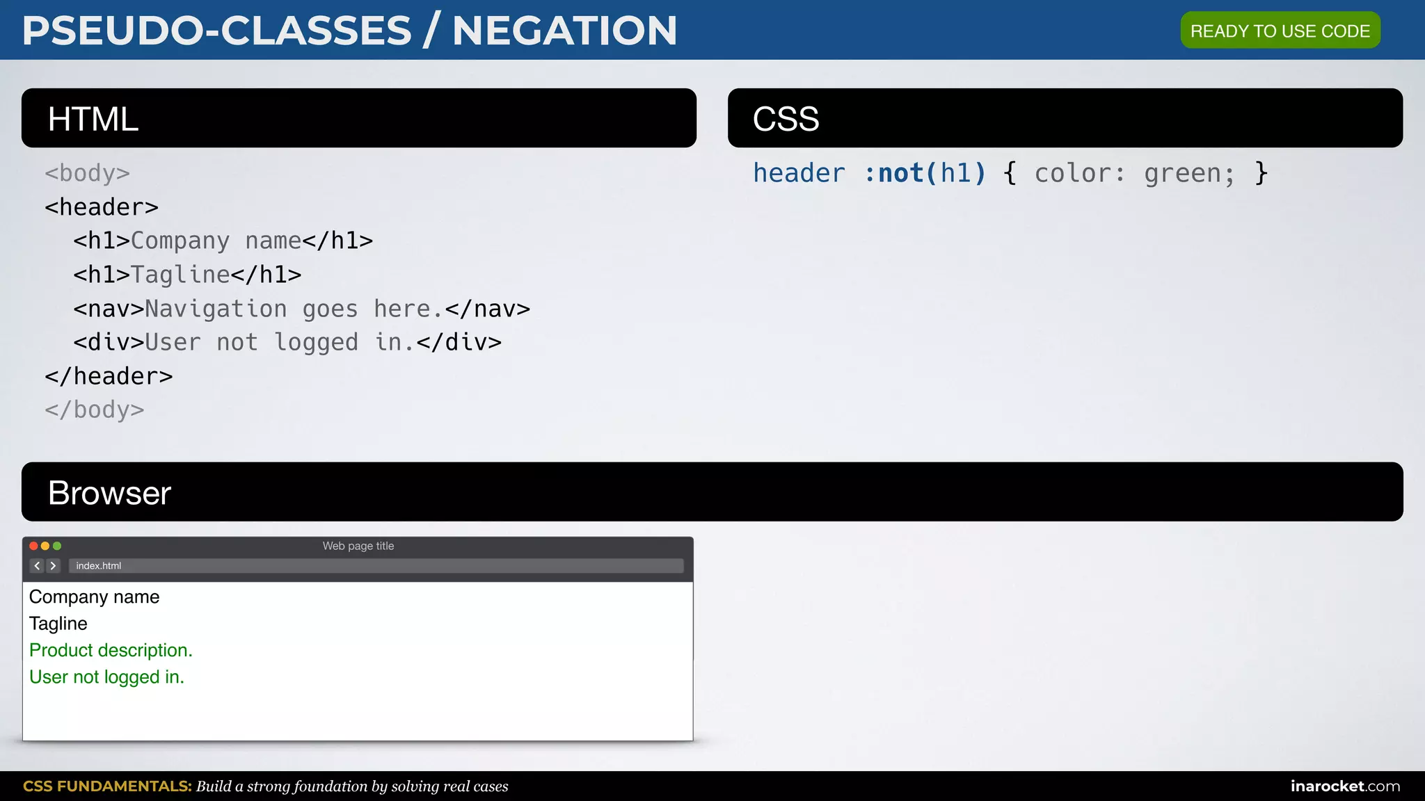 CSS FUNDAMENTALS: Build a strong foundation by solving real cases inarocket.com
HTML CSS
Browser
PSEUDO-CLASSES / NEGATION
<body>
<header>
<h1>Company name</h1>
<h1>Tagline</h1>
<nav>Navigation goes here.</nav>
<div>User not logged in.</div>
</header>
</body>
header :not(h1) { color: green; }
Web page title
index.html
Company name
Tagline
Product description.
User not logged in.
READY TO USE CODE
 