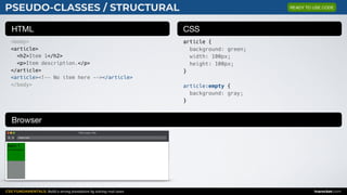 CSS FUNDAMENTALS: Build a strong foundation by solving real cases inarocket.com
HTML CSS
Browser
PSEUDO-CLASSES / STRUCTURAL
<body>
<article>
<h2>Item 1</h2>
<p>Item description.</p>
</article>
<article><!-- No item here --></article>
</body>
article {
background: green;
width: 100px;
height: 100px;
}
article:empty {
background: gray;
}
Web page title
index.html
Item 1
Item description.
READY TO USE CODE
 