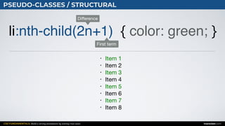 CSS FUNDAMENTALS: Build a strong foundation by solving real cases inarocket.com
PSEUDO-CLASSES / STRUCTURAL
li:nth-child(2n+1) { color: green; }
• Item 1

• Item 2

• Item 3

• Item 4

• Item 5

• Item 6

• Item 7

• Item 8
First term
Diﬀerence
 