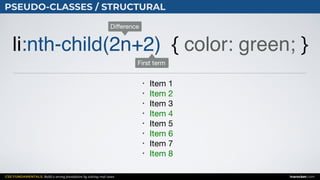 CSS FUNDAMENTALS: Build a strong foundation by solving real cases inarocket.com
PSEUDO-CLASSES / STRUCTURAL
li:nth-child(2n+2) { color: green; }
• Item 1

• Item 2

• Item 3

• Item 4

• Item 5

• Item 6

• Item 7

• Item 8
First term
Diﬀerence
 