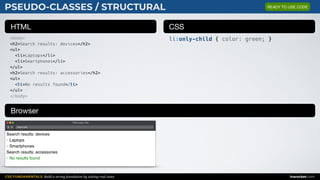 CSS FUNDAMENTALS: Build a strong foundation by solving real cases inarocket.com
HTML CSS
Browser
PSEUDO-CLASSES / STRUCTURAL
<body>
<h2>Search results: devices</h2>
<ul>
<li>Laptops</li>
<li>Smartphones</li>
</ul>
<h2>Search results: accessories</h2>
<ul>
<li>No results found</li>
</ul>
</body>
li:only-child { color: green; }
Web page title
index.html
Search results: devices
• Laptops
• Smartphones
Search results: accessories
• No results found
READY TO USE CODE
 