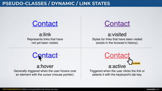CSS FUNDAMENTALS: Build a strong foundation by solving real cases inarocket.com
PSEUDO-CLASSES / DYNAMIC / LINK STATES
Contact
a:link  
Represents links that have  
not yet been visited.
Contact
a:visited  
Styles for links that have been visited 
(exists in the browser's history).
Contact
a:active  
Triggered when the user clicks the link or  
selects it with the keyboard's tab key.
CLICKED
Contact
a:hover  
Generally triggered when the user hovers over  
an element with the cursor (mouse pointer).
 