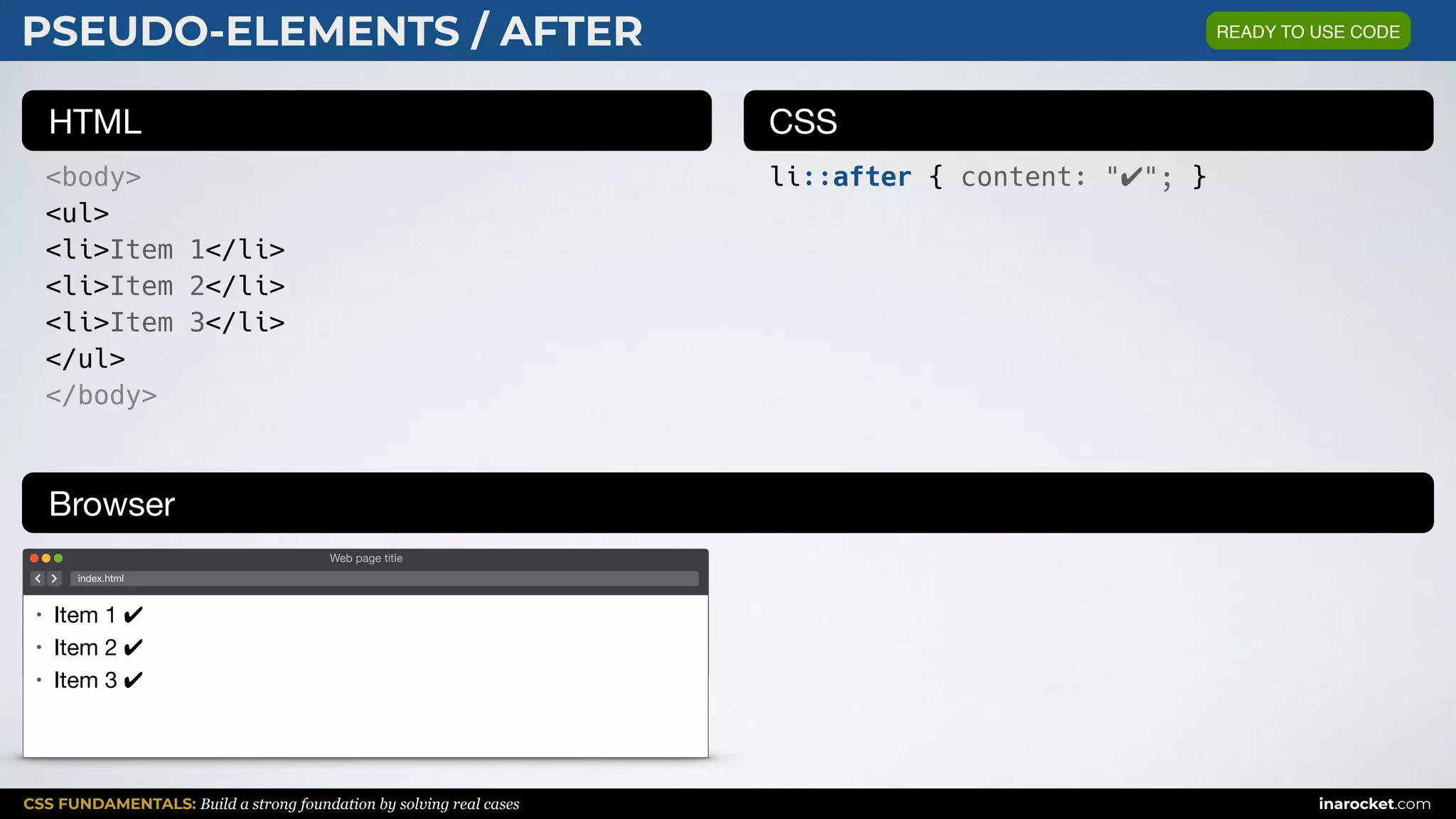 CSS FUNDAMENTALS: Build a strong foundation by solving real cases inarocket.com
HTML CSS
Browser
PSEUDO-ELEMENTS / AFTER
<body>
<ul>
<li>Item 1</li>
<li>Item 2</li>
<li>Item 3</li>
</ul>
</body>
li::after { content: "✔"; }
Web page title
index.html
• Item 1 ✔

• Item 2 ✔

• Item 3 ✔
READY TO USE CODE
 
