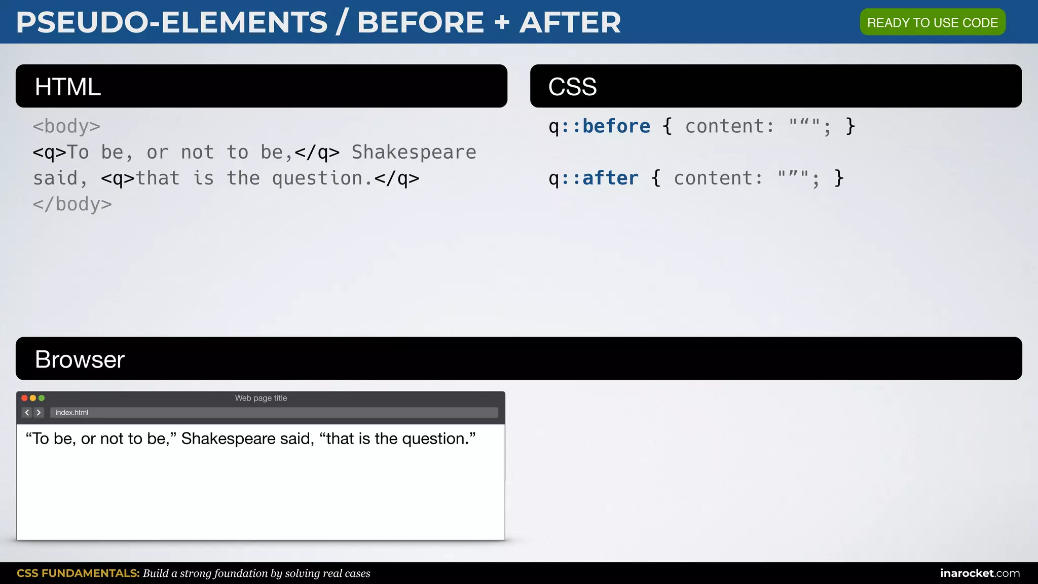 CSS FUNDAMENTALS: Build a strong foundation by solving real cases inarocket.com
HTML CSS
Browser
PSEUDO-ELEMENTS / BEFORE + AFTER
<body>
<q>To be, or not to be,</q> Shakespeare
said, <q>that is the question.</q>
</body>
q::before { content: "“"; }
q::after { content: "”"; }
Web page title
index.html
“To be, or not to be,” Shakespeare said, “that is the question.”
READY TO USE CODE
 