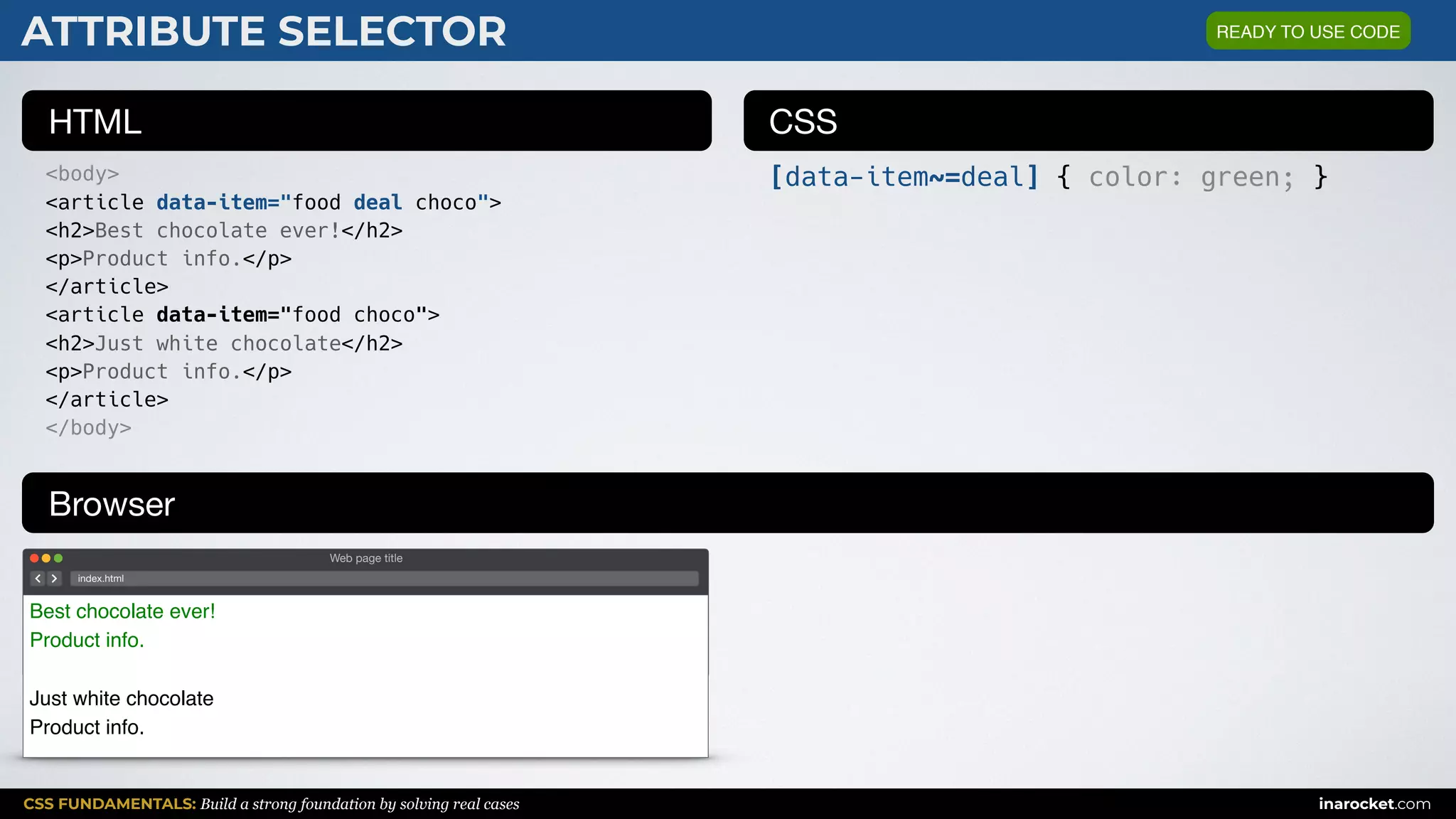 CSS FUNDAMENTALS: Build a strong foundation by solving real cases inarocket.com
HTML CSS
Browser
ATTRIBUTE SELECTOR
<body>
<article data-item="food deal choco">
<h2>Best chocolate ever!</h2>
<p>Product info.</p>
</article>
<article data-item="food choco">
<h2>Just white chocolate</h2>
<p>Product info.</p>
</article>
</body>
[data-item~=deal] { color: green; }
Web page title
index.html
Best chocolate ever!
Product info.
Just white chocolate
Product info.
READY TO USE CODE
 
