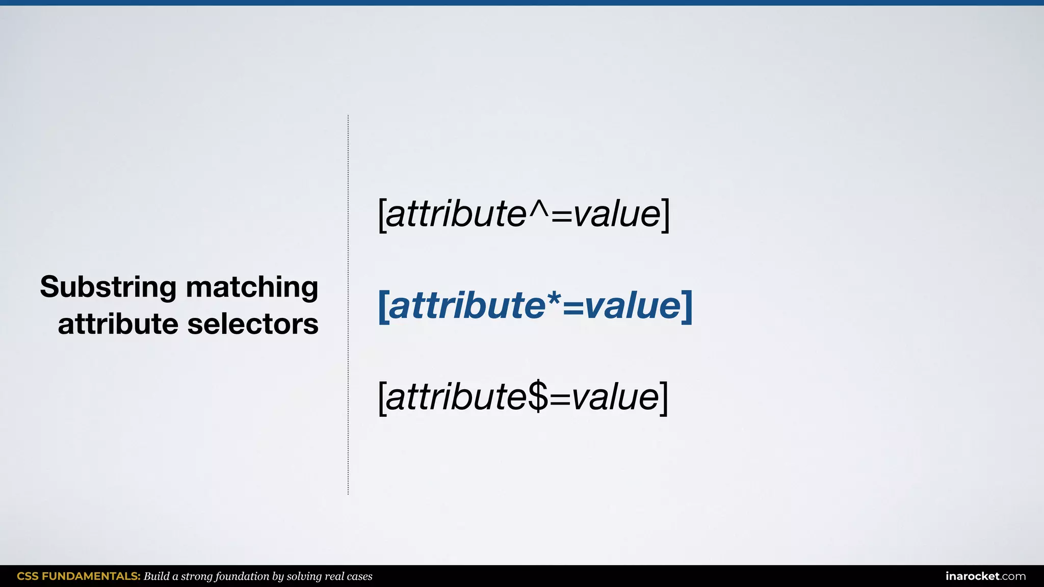 CSS FUNDAMENTALS: Build a strong foundation by solving real cases inarocket.com
Substring matching  
attribute selectors
[attribute^=value]

[attribute*=value]
[attribute$=value]
 