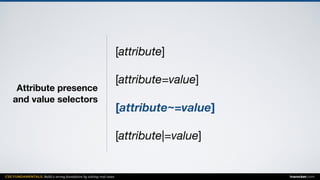 CSS FUNDAMENTALS: Build a strong foundation by solving real cases inarocket.com
Attribute presence  
and value selectors
[attribute]

[attribute=value]

[attribute~=value]
[attribute|=value]
 