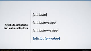 CSS FUNDAMENTALS: Build a strong foundation by solving real cases inarocket.com
Attribute presence  
and value selectors
[attribute]

[attribute=value]

[attribute~=value]

[attribute|=value]
 