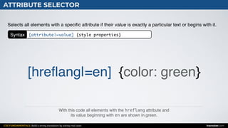 CSS FUNDAMENTALS: Build a strong foundation by solving real cases inarocket.com
ATTRIBUTE SELECTOR
With this code all elements with the hreflang attribute and  
its value beginning with en are shown in green.
Selects all elements with a speciﬁc attribute if their value is exactly a particular text or begins with it.
[hreﬂang|=en] {color: green}
Syntax [attribute|=value] {style properties}
 