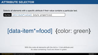 CSS FUNDAMENTALS: Build a strong foundation by solving real cases inarocket.com
ATTRIBUTE SELECTOR
With this code all elements with the data-item attribute and  
its value containing food are shown in green.
Selects all elements with a speciﬁc attribute if their value contains a particular text.
[data-item*=food] {color: green}
Syntax [attribute*=value] {style properties}
 