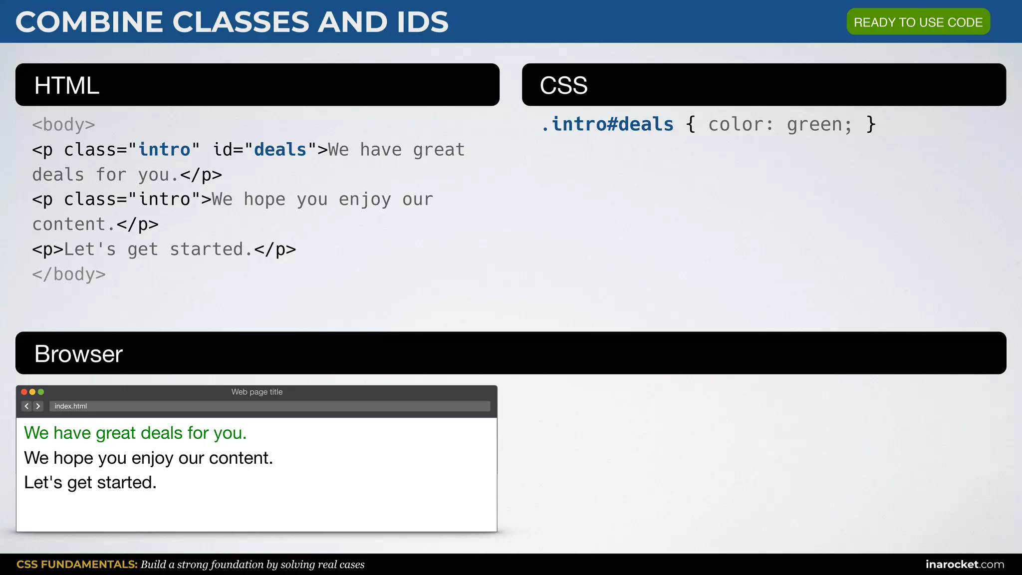 CSS FUNDAMENTALS: Build a strong foundation by solving real cases inarocket.com
HTML CSS
Browser
COMBINE CLASSES AND IDS
<body>
<p class="intro" id="deals">We have great
deals for you.</p>
<p class="intro">We hope you enjoy our
content.</p>
<p>Let's get started.</p>
</body>
.intro#deals { color: green; }
Web page title
index.html
We have great deals for you.

We hope you enjoy our content.

Let's get started.
READY TO USE CODE
 