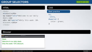CSS FUNDAMENTALS: Build a strong foundation by solving real cases inarocket.com
HTML CSS
Browser
GROUP SELECTORS
<body>
<h1>Deals</h1>
<p class="intro">Welcome to our daily
deals.</p>
<div id="special">Only this week: 10%
discount.</div>
</body>
h1,
.intro,
#special {
color: green;
}
Web page title
index.html
Deals

Welcome to our daily deals.

Only this week: 10% discount.
Best practice
READY TO USE CODE
 